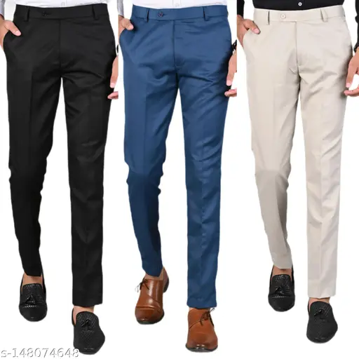 Mancrew Men's Slim Fit Formal Pant Formal trousers Pack of 3 (Black